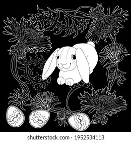 Easter egg hunt in flowers. Little bunny collecting painted eggs 
among flowers, a black and white vector illustration for a coloring book. Art therapy coloring page.