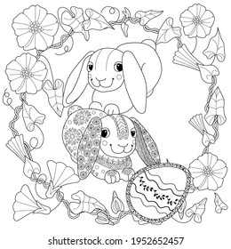 Easter egg hunt in flowers. Little bunny collecting painted eggs 
among flowers, a black and white vector illustration for a coloring book. Art therapy coloring page.