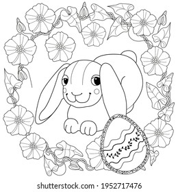Easter egg hunt in flowers. Little bunny collecting painted eggs 
among flowers, a black and white vector illustration for a coloring book. Art therapy coloring page.