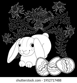 Easter egg hunt in flowers. Little bunny collecting painted eggs 
among flowers, a black and white vector illustration for a coloring book. Art therapy coloring page.