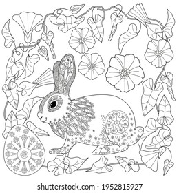 Easter egg hunt in flowers. Little bunny collecting painted eggs 
among flowers, a black and white vector illustration for a coloring book. Art therapy coloring page.