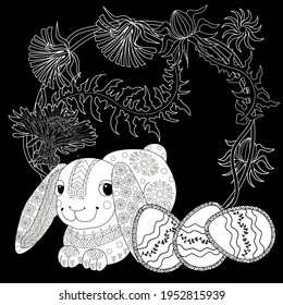 Easter egg hunt in flowers. Little bunny collecting painted eggs 
among flowers, a black and white vector illustration for a coloring book. Art therapy coloring page.