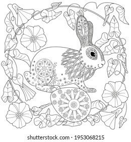 Easter egg hunt in flowers. Little bunny collecting painted eggs 
among flowers, a black and white vector illustration for a coloring book. Art therapy coloring page.