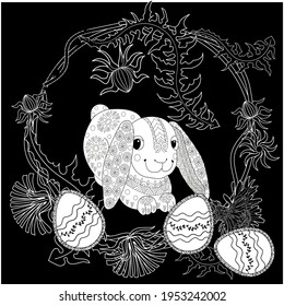 Easter egg hunt in flowers. Little bunny collecting painted eggs 
among flowers, a black and white vector illustration for a coloring book. Art therapy coloring page.