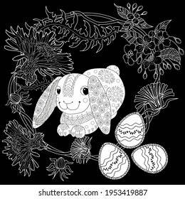 Easter egg hunt in flowers. Little bunny collecting painted eggs 
among flowers, a black and white vector illustration for a coloring book. Art therapy coloring page.