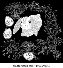 Easter egg hunt in flowers. Little bunny collecting painted eggs 
among flowers, a black and white vector illustration for a coloring book. Art therapy coloring page.
