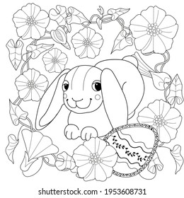 Easter egg hunt in flowers. Little bunny collecting painted eggs 
among flowers, a black and white vector illustration for a coloring book. Art therapy coloring page.