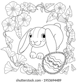 Easter egg hunt in flowers. Little bunny collecting painted eggs 
among flowers, a black and white vector illustration for a coloring book. Art therapy coloring page.