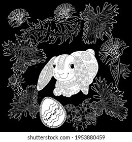 Easter egg hunt in flowers. Little bunny collecting painted eggs 
among flowers, a black and white vector illustration for a coloring book. Art therapy coloring page.
