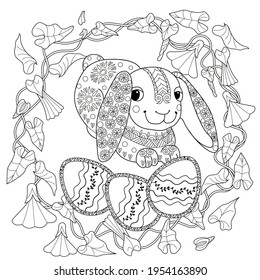 Easter egg hunt in flowers. Little bunny collecting painted eggs 
among flowers, a black and white vector illustration for a coloring book. Art therapy coloring page.