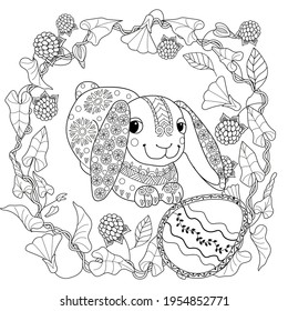 Easter egg hunt in flowers. Little bunny collecting painted eggs 
among flowers, a black and white vector illustration for a coloring book. Art therapy coloring page.