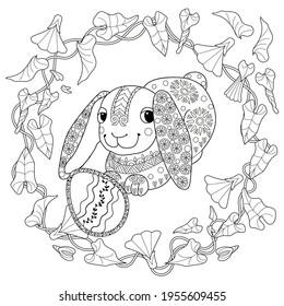 Easter egg hunt in flowers. Little bunny collecting painted eggs 
among flowers, a black and white vector illustration for a coloring book. Art therapy coloring page.