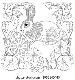 Easter egg hunt in flowers. Little bunny collecting painted eggs 
among flowers, a black and white vector illustration for a coloring book. Art therapy coloring page.