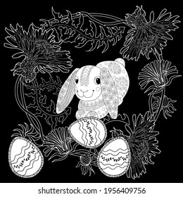 Easter egg hunt in flowers. Little bunny collecting painted eggs 
among flowers, a black and white vector illustration for a coloring book. Art therapy coloring page.