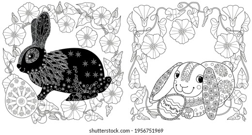 Easter egg hunt in flowers. Little bunny collecting painted eggs 
among flowers, a black and white vector illustration for a coloring book. Art therapy coloring page.