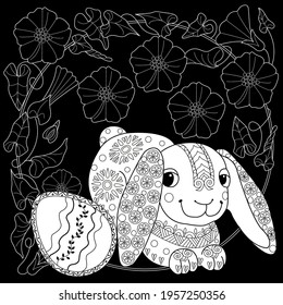 Easter egg hunt in flowers. Little bunny collecting painted eggs 
among flowers, a black and white vector illustration for a coloring book. Art therapy coloring page.