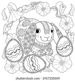Easter egg hunt in flowers. Little bunny collecting painted eggs 
among flowers, a black and white vector illustration for a coloring book. Art therapy coloring page.