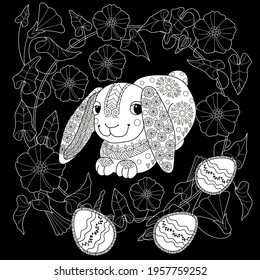 Easter egg hunt in flowers. Little bunny collecting painted eggs 
among flowers, a black and white vector illustration for a coloring book. Art therapy coloring page.