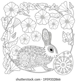 Easter egg hunt in flowers. Little bunny collecting painted eggs 
among flowers, a black and white vector illustration for a coloring book. Art therapy coloring page.
