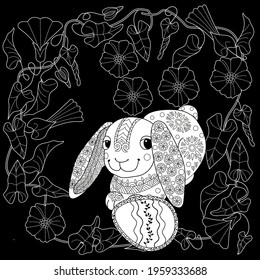 Easter egg hunt in flowers. Little bunny collecting painted eggs 
among flowers, a black and white vector illustration for a coloring book. Art therapy coloring page.