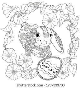 Easter egg hunt in flowers. Little bunny collecting painted eggs 
among flowers, a black and white vector illustration for a coloring book. Art therapy coloring page.