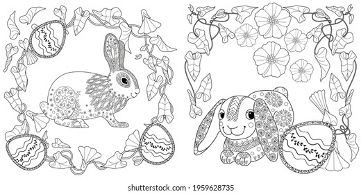 Easter egg hunt in flowers. Little bunny collecting painted eggs 
among flowers, a black and white vector illustration for a coloring book. Art therapy coloring page.