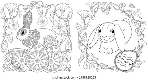 Easter egg hunt in flowers. Little bunny collecting painted eggs 
among flowers, a black and white vector illustration for a coloring book. Art therapy coloring page.