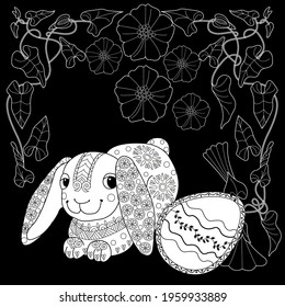 Easter egg hunt in flowers. Little bunny collecting painted eggs 
among flowers, a black and white vector illustration for a coloring book. Art therapy coloring page.