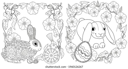 Easter egg hunt in flowers. Little bunny collecting painted eggs 
among flowers, a black and white vector illustration for a coloring book. Art therapy coloring page.