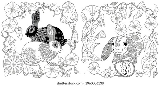 Easter egg hunt in flowers. Little bunny collecting painted eggs 
among flowers, a black and white vector illustration for a coloring book. Art therapy coloring page.
