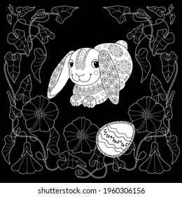 Easter egg hunt in flowers. Little bunny collecting painted eggs 
among flowers, a black and white vector illustration for a coloring book. Art therapy coloring page.