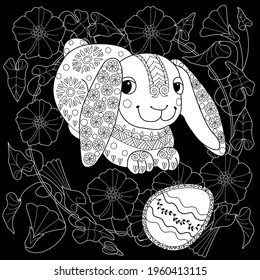 Easter egg hunt in flowers. Little bunny collecting painted eggs 
among flowers, a black and white vector illustration for a coloring book. Art therapy coloring page.