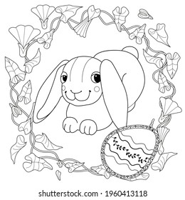 Easter egg hunt in flowers. Little bunny collecting painted eggs 
among flowers, a black and white vector illustration for a coloring book. Art therapy coloring page.