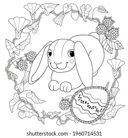 Easter egg hunt in flowers. Little bunny collecting painted eggs 
among flowers, a black and white vector illustration for a coloring book. Art therapy coloring page.