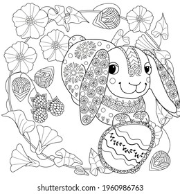 Easter egg hunt in flowers. Little bunny collecting painted eggs 
among flowers, a black and white vector illustration for a coloring book. Art therapy coloring page.
