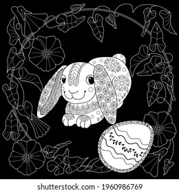 Easter egg hunt in flowers. Little bunny collecting painted eggs 
among flowers, a black and white vector illustration for a coloring book. Art therapy coloring page.