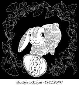 Easter egg hunt in flowers. Little bunny collecting painted eggs 
among flowers, a black and white vector illustration for a coloring book. Art therapy coloring page.