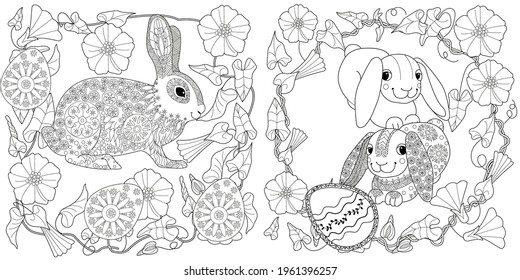 Easter egg hunt in flowers. Little bunny collecting painted eggs 
among flowers, a black and white vector illustration for a coloring book. Art therapy coloring page.