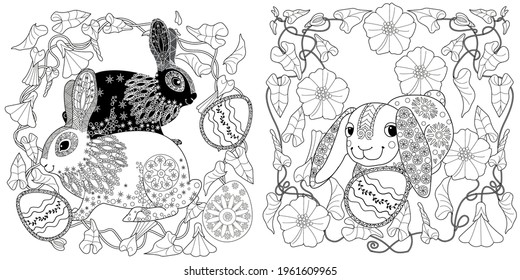 Easter egg hunt in flowers. Little bunny collecting painted eggs 
among flowers, a black and white vector illustration for a coloring book. Art therapy coloring page.
