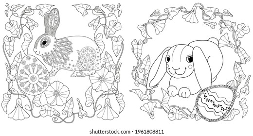 Easter egg hunt in flowers. Little bunny collecting painted eggs 
among flowers, a black and white vector illustration for a coloring book. Art therapy coloring page.