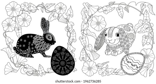 Easter egg hunt in flowers. Little bunny collecting painted eggs 
among flowers, a black and white vector illustration for a coloring book. Art therapy coloring page.