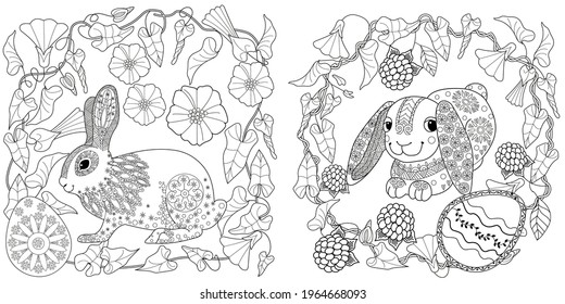 Easter egg hunt in flowers. Little bunny collecting painted eggs 
among flowers, a black and white vector illustration for a coloring book. Art therapy coloring page.