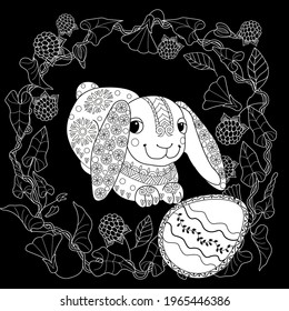 Easter egg hunt in flowers. Little bunny collecting painted eggs 
among flowers, a black and white vector illustration for a coloring book. Art therapy coloring page.