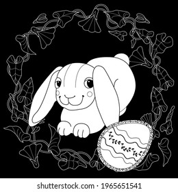 Easter egg hunt in flowers. Little bunny collecting painted eggs 
among flowers, a black and white vector illustration for a coloring book. Art therapy coloring page.