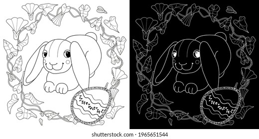 Easter egg hunt in flowers. Little bunny collecting painted eggs 
among flowers, a black and white vector illustration for a coloring book. Art therapy coloring page.