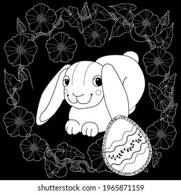 Easter egg hunt in flowers. Little bunny collecting painted eggs 
among flowers, a black and white vector illustration for a coloring book. Art therapy coloring page.