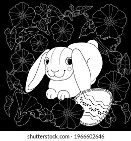 Easter egg hunt in flowers. Little bunny collecting painted eggs 
among flowers, a black and white vector illustration for a coloring book. Art therapy coloring page.