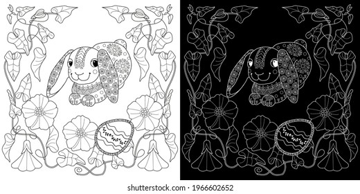 Easter egg hunt in flowers. Little bunny collecting painted eggs 
among flowers, a black and white vector illustration for a coloring book. Art therapy coloring page.