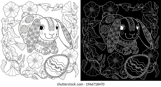Easter egg hunt in flowers. Little bunny collecting painted eggs 
among flowers, a black and white vector illustration for a coloring book. Art therapy coloring page.