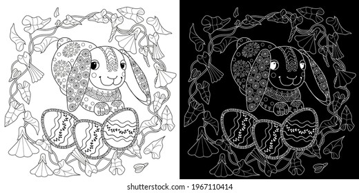 Easter egg hunt in flowers. Little bunny collecting painted eggs 
among flowers, a black and white vector illustration for a coloring book. Art therapy coloring page.